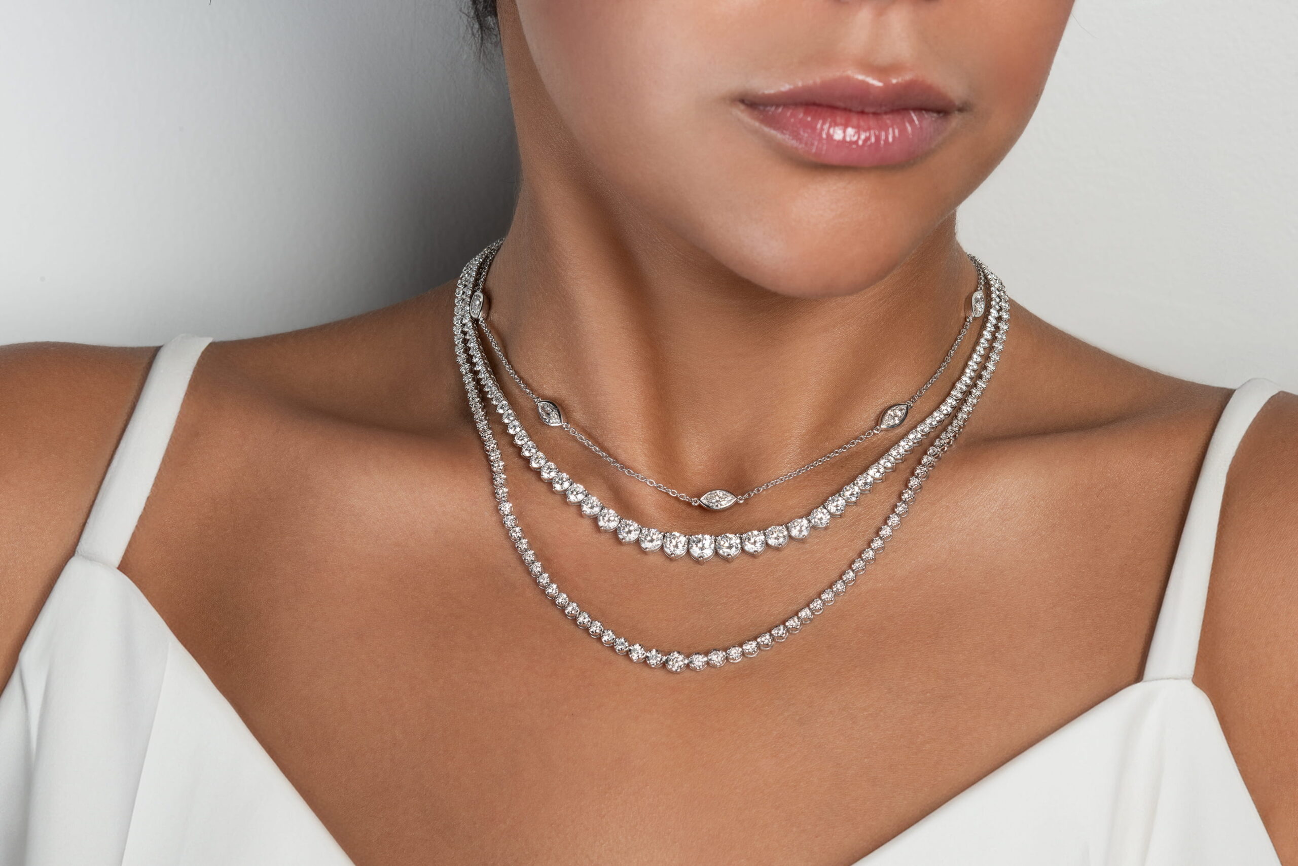 Layered diamond tennis necklaces in white gold by Golden Hands jewellery
